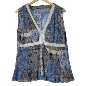 Belissimo New York Sleeveless V Neck Pleated Paisley‎ Print Blouse Top Womens L